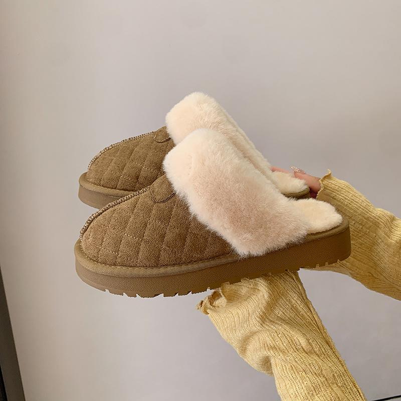 Mao Mao Mouth Thick Bottom Warm Rhombus Snow Cotton Drag Women 2025 Winter New Short Boots Piled Thickened Non-slip Cotton