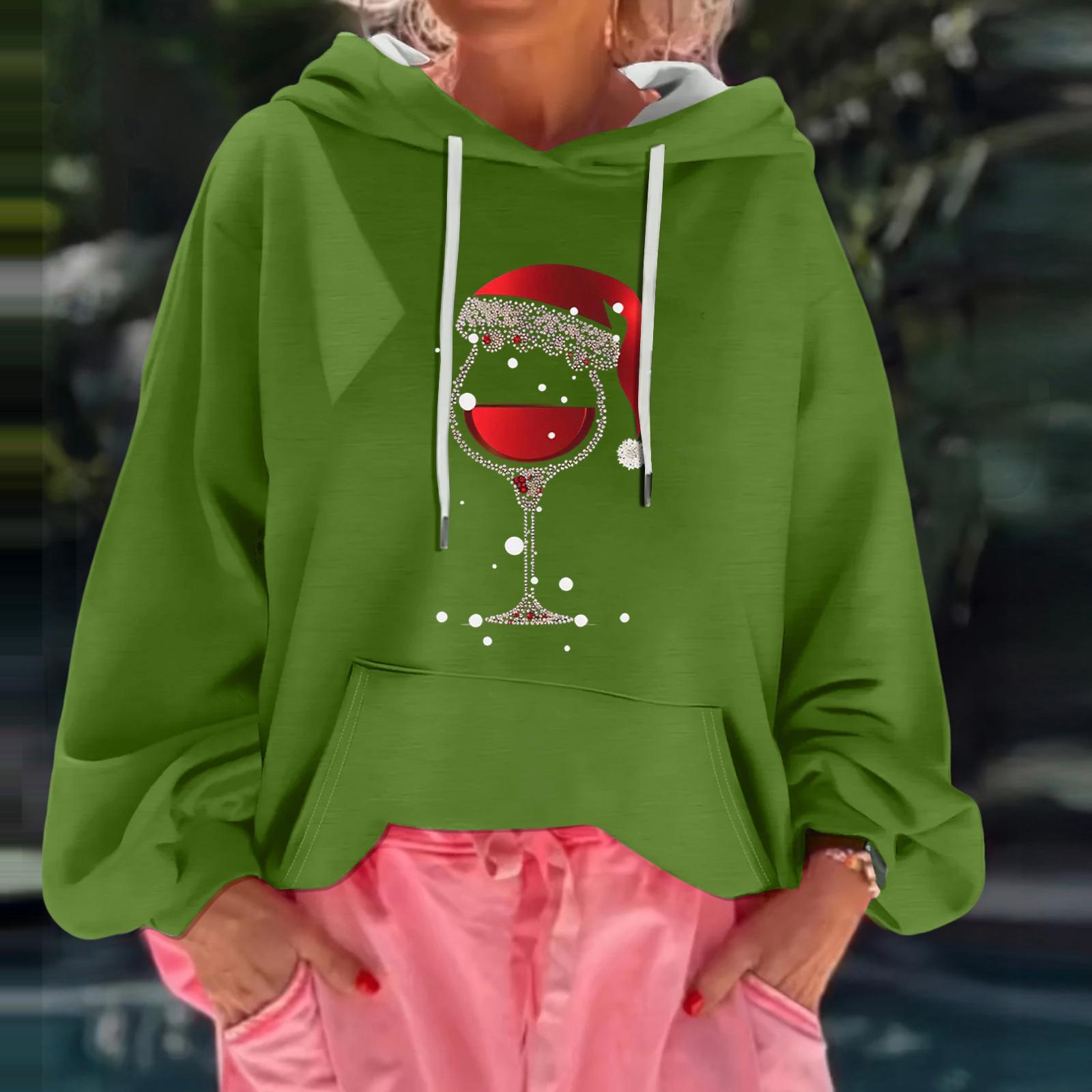 

Женский рождественский принт, свободный повседневный худи с длинным рукавом и капюшоном S зелёный