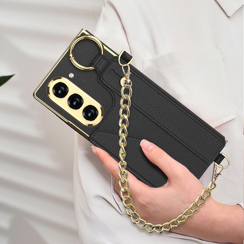 GKK For Samsung Galaxy Z Fold6 5G Case with PU Strap Kickstand/Metal Chain Electroplated PC Tempered Glass Phone Cover