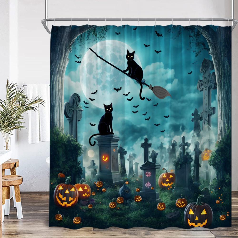 Full Moon Night Halloween Shower Curtain Flying Witch Evil Pumpkin Wizard Graveyard Horror Bath Decoration Bathtub Curtain