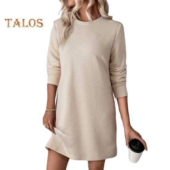 

Платье весна-осень с фактурными длинными рукавами и круглым вырезом, однотонное свободное прямое мини-платье, короткое платье-пуловер для поездок на работу, свиданий, путешествий S абрикосовый