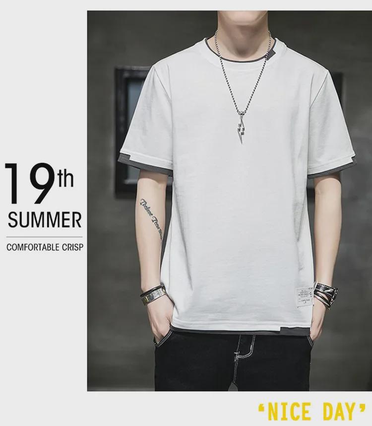 Men's Short-Sleeve Two-Piece Look Cotton T-Shirt, Loose & Breathable Hong Kong Style, Comfortable Spring/Summer Casual Innerwear Trend