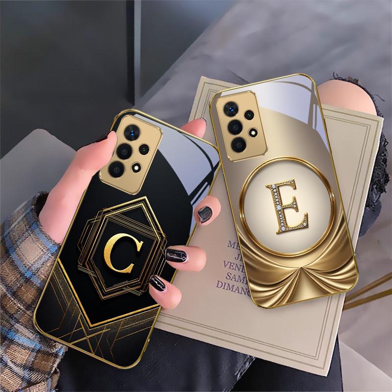 Gorgeous letter gold "R" For Samsung A 01 52S A04 A05S A10 A12 13 22 23 24 36 42 M02 Note 10 20Ultra 8 9 Golden glass phone case
