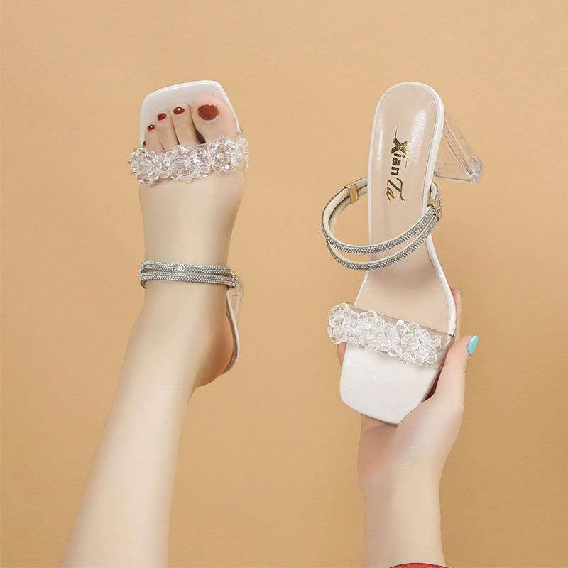 French crystal thick-heeled slippers for women's summer wear 2025 new fairy feng shui diamond two wear temperament high-heeled sandals