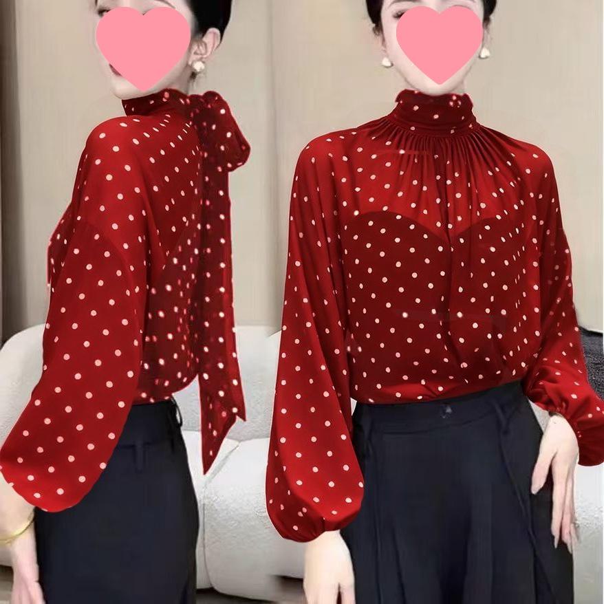 Damen-Oberteil im französischen Stil mit weiten Ärmeln und Pünktchen: Neue Sommer/Herbst Mode, Nischen Design, Elegant & Vielseitig.