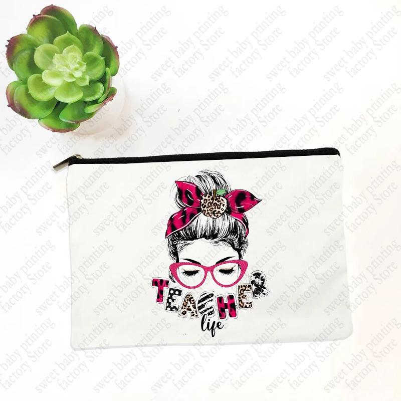 Teach Love Inspire Teacher Makeup Cosmetic Bags  Back To School Gift Beauty Cases Pencil Pouch Organizer Storage Box Mini Purse