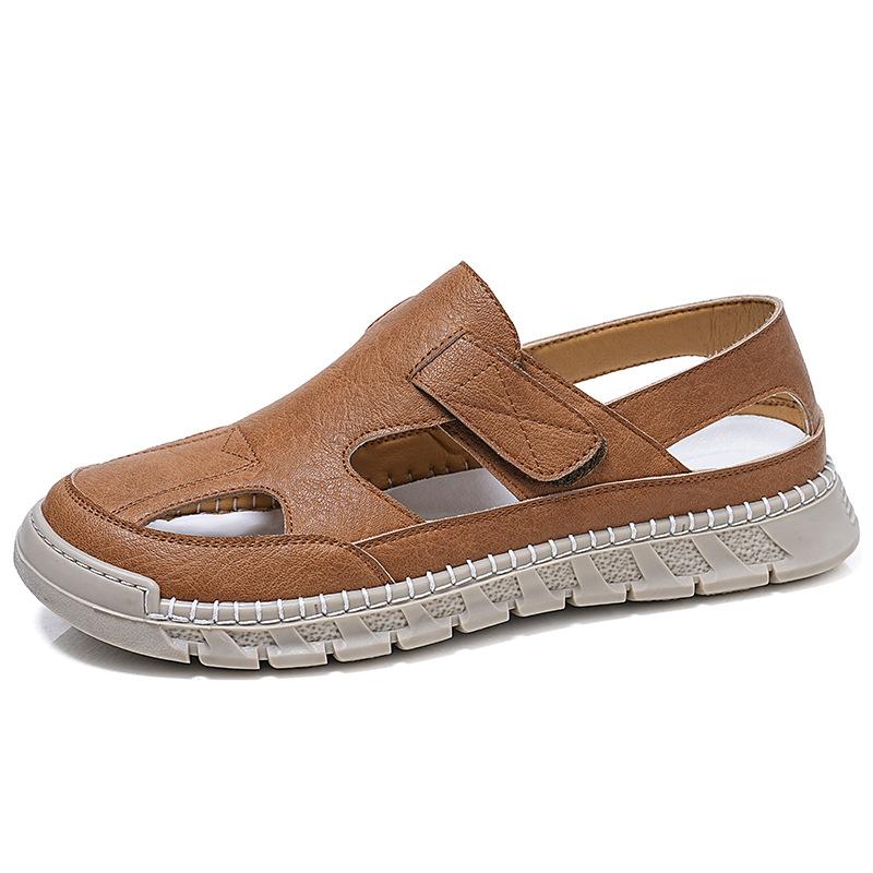 Baotou Hole Shoes Men's One-pedal Velcro Casual Men's Shoes Breathable Mesh Hollow Large Size Handmade Sandals