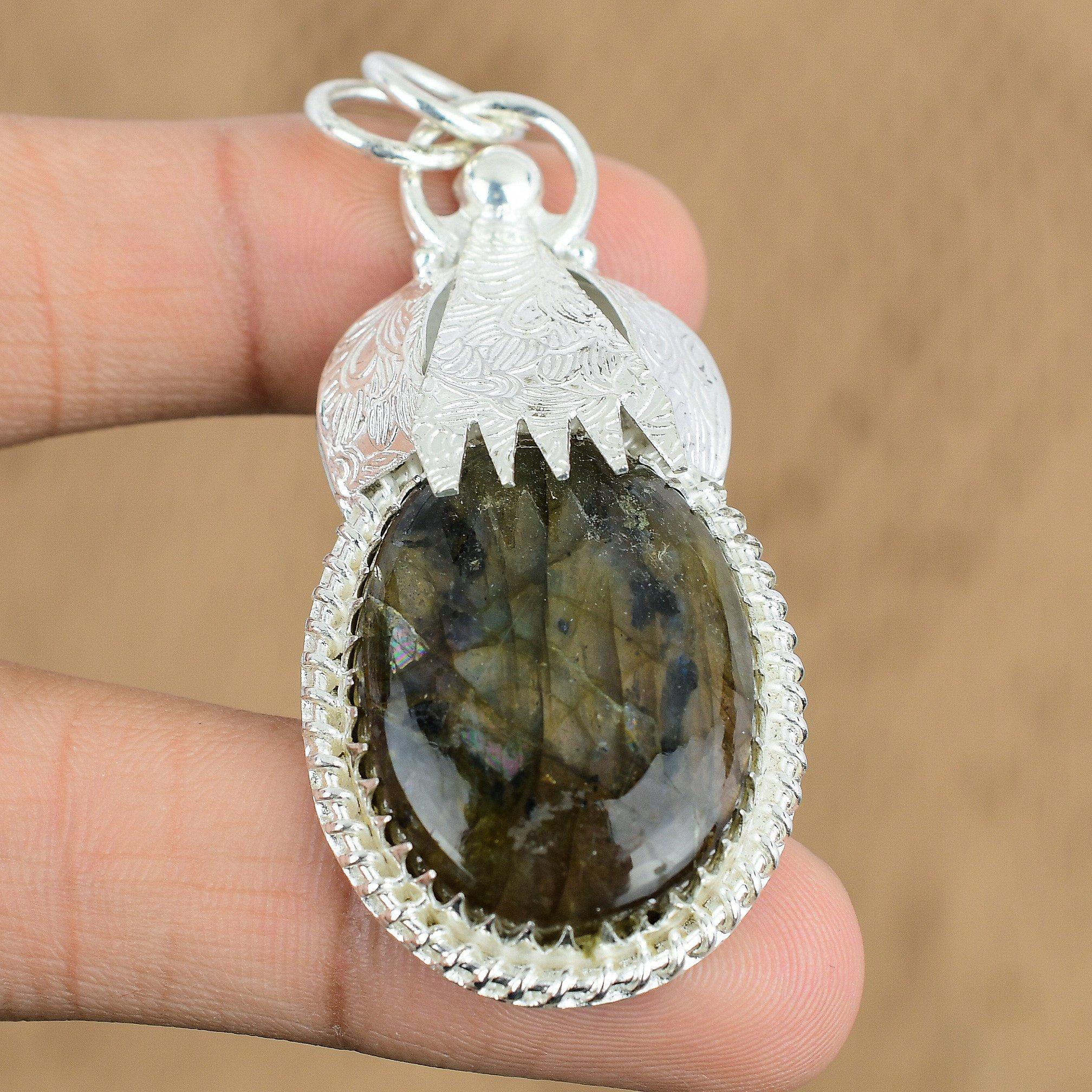 

Natural Labradorite Mother Birthday Handcrafted Boho Wedding Pendant 925 Silver