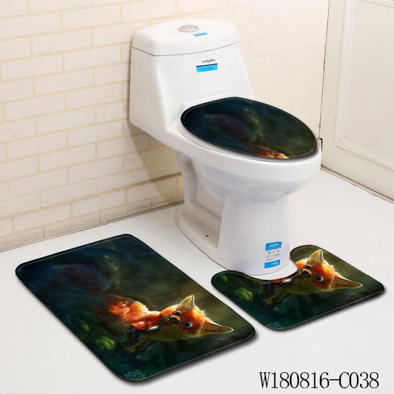 3D Fox Bathroom Toilet Three-Piece Floor Mat Doormat Bathroom Carpet