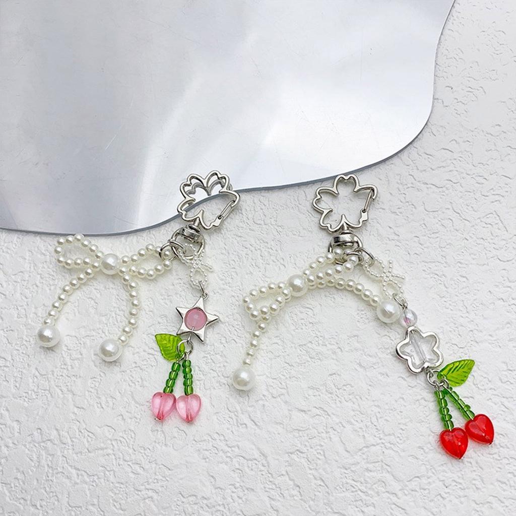 Handmade Pearl Bowknot Keychain with Cherry Keyring Ornament Bag Pendant Fashionable Accessory for Fashion Lovers
