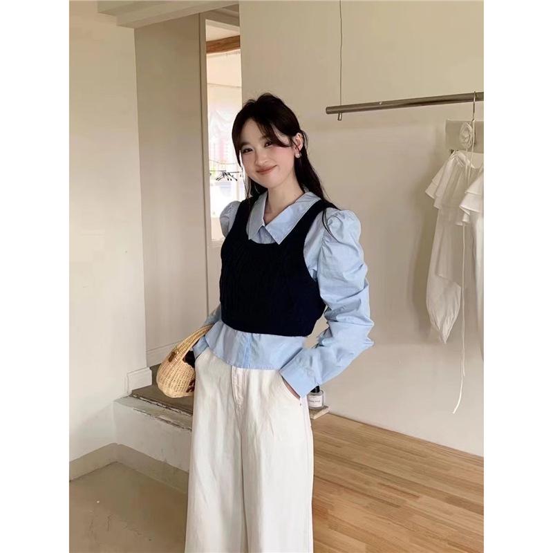 

2024 Autumn Japanese Cable Knit Vest & Sleeveless Layered Shirt Set M