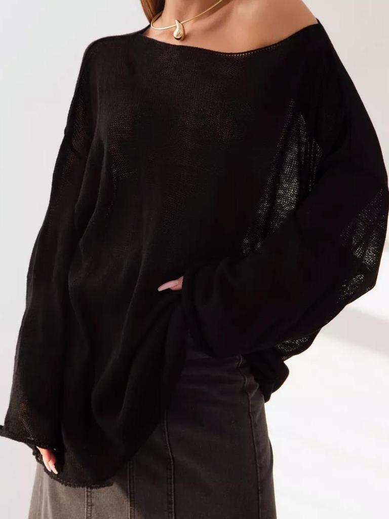 Knitted Hollow Sweater Summer New Women's See-Through Thin Round Neck Bell Sleeve Knit T-Shirt