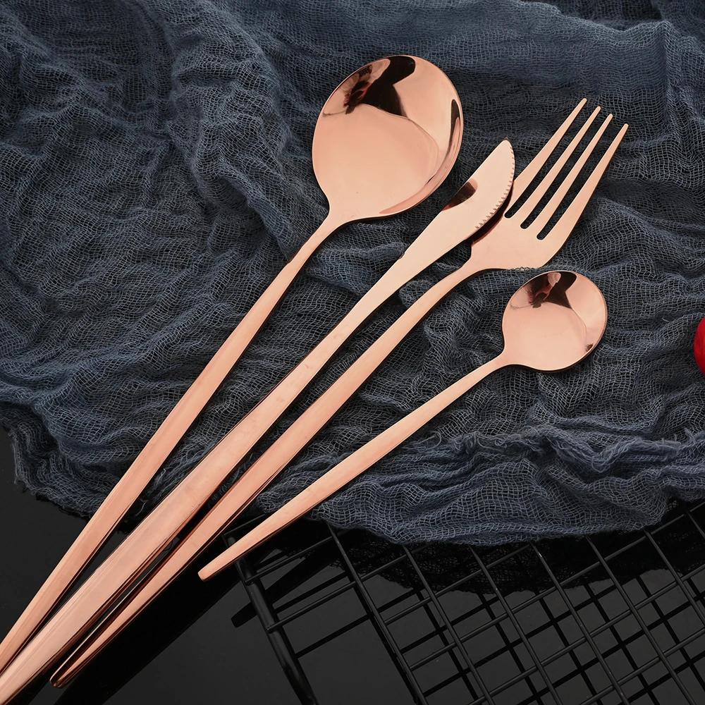 24Pcs Rose Gold Dinnerware Set Stainless Steel Steak Knife Fork Coffee Spoon Teaspoon Flatware Dishwasher Safe Kitchen Tableware