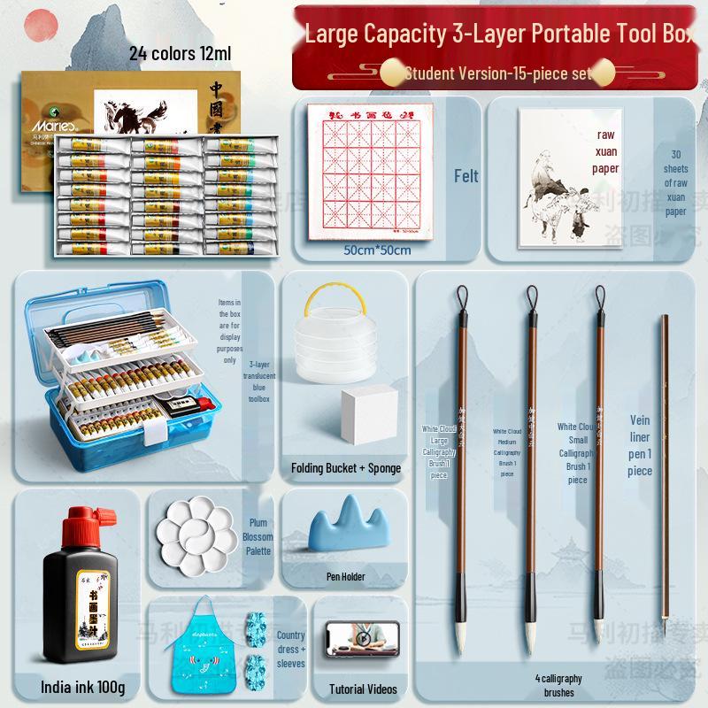 Maries 12-Farben Anfänger Tuschemalerei Set für Kinder mit Pinseln