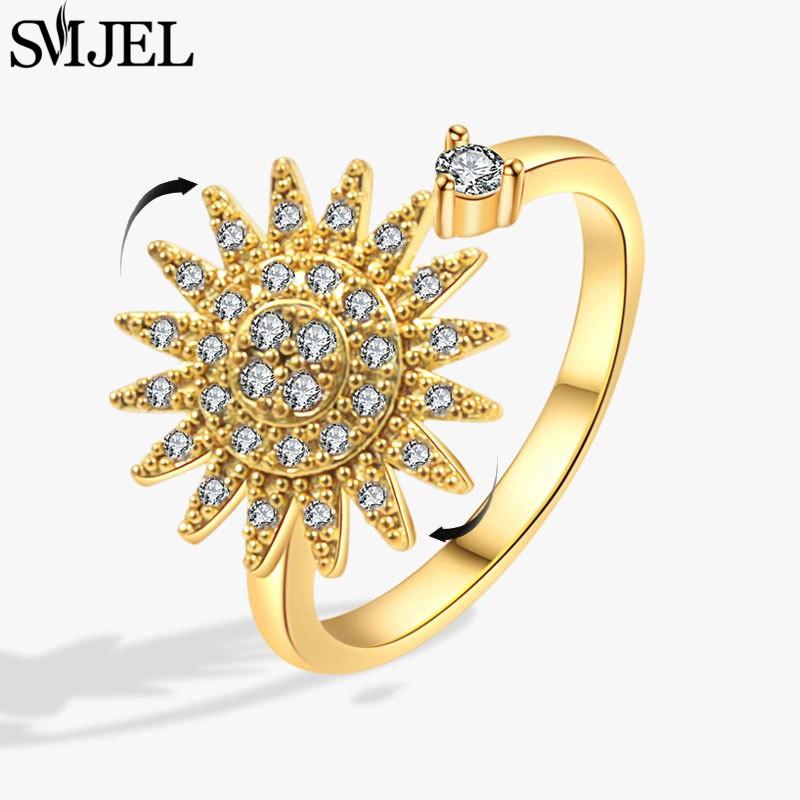 SMJEL Luxury Crystal Anxiety Relief Spinning Fidget Rings for Women Cute Sakura Daisy Rose Flower Rotating Ring Anti Stress Gift