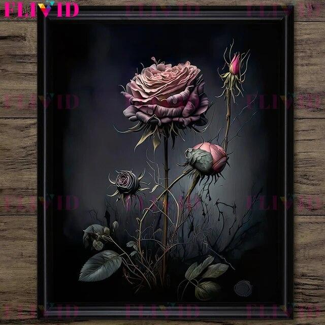Dark Forest Mushroom And Vintage Pink Roses Vintage Wall Art Print Dark Botanical Witchcraft Gothic Art Poster Print Decoration No Frame