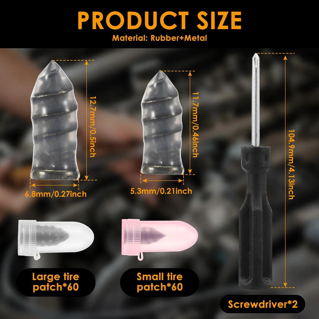 120PCS Tire Repair Rubber Nail Reliable Tire Plug Kit with 2 Screwdriver Screw Type Tyre Repair Nail Kit for Car Motorcycle