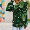 Women Plus Size Long Sleeve Dark Green Clover Printed Drawstring Hoodie Kangaroo Pocket Pullover
