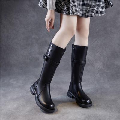 Echtes Leder Retro Dicke Sohle Damen Ritterstiefel Runde Spitze Gürtelschnalle Hohe Stiefel