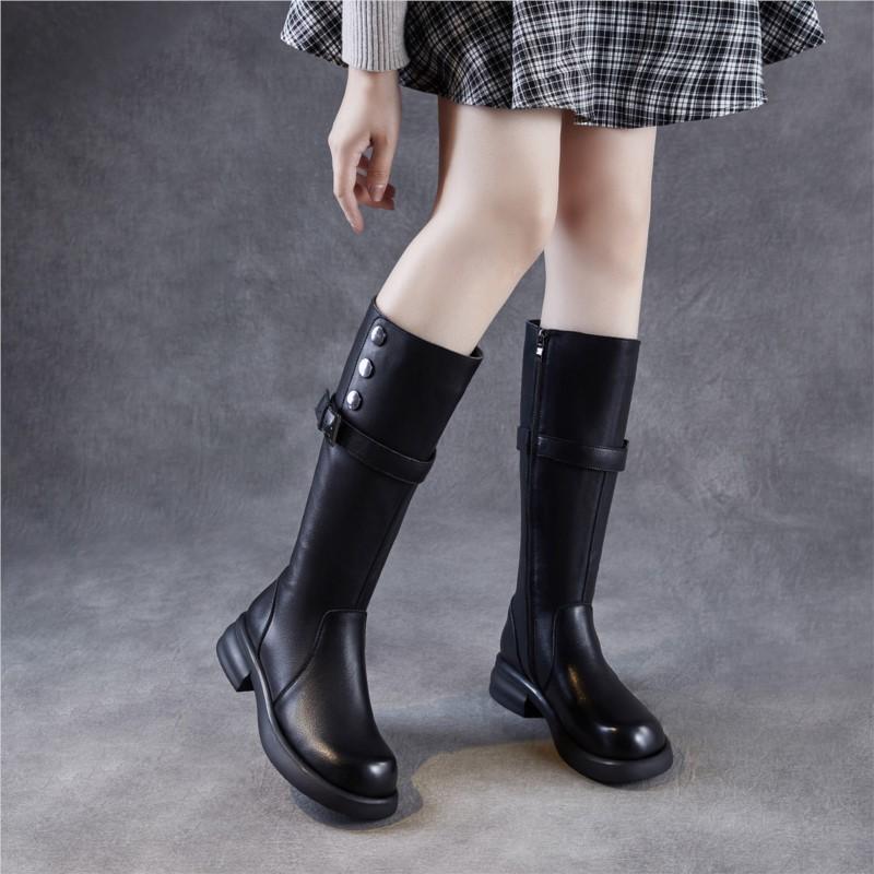 Johnature Skórzane Retro Damskie Kozaki Rycerskie na Grubej Podeszwie Okrągły Nosek Klamra Paska Wysokie Kozaki