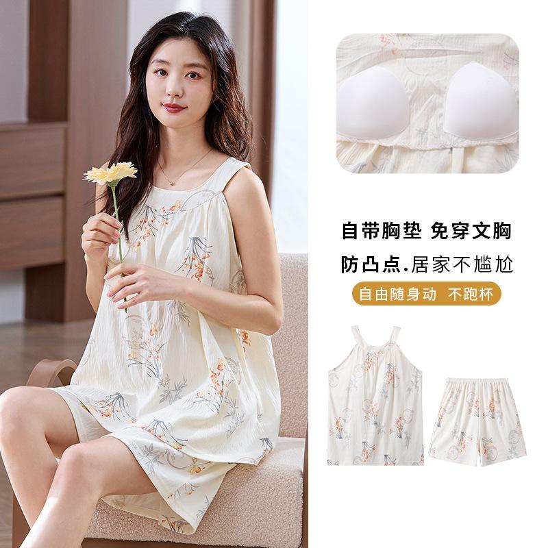 With chest pad vest shorts pajamas women's summer cloud cotton sweet and cute girl style sleeveless loungewear set