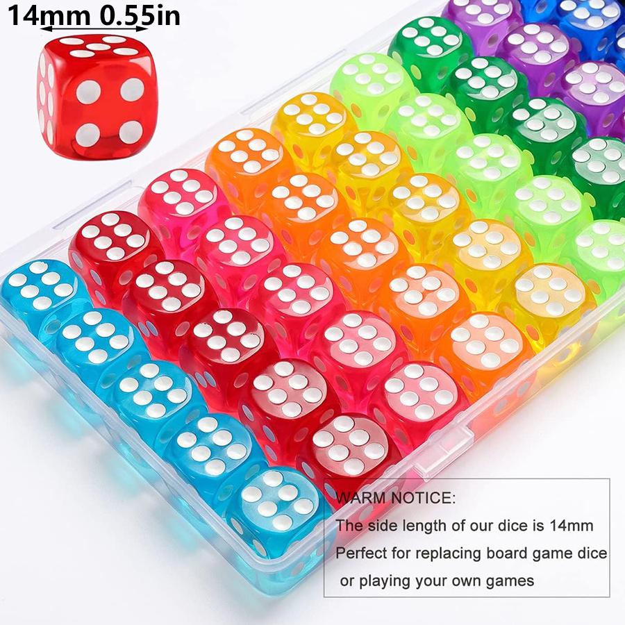 51pcs Colored Transparent Dices with Storage Box Set 14mm Acrylic Bulk 6 Sided Dices for Board Games Math Learning Classroom JXB