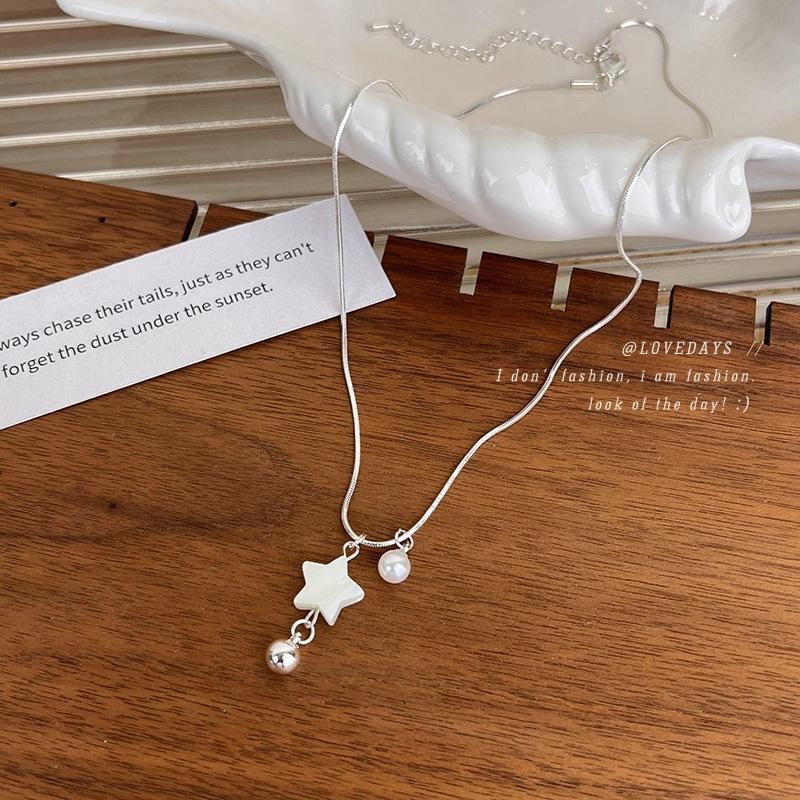 Silver Pentagram Shell Pearl Pendant Necklace Niche Design Clavicle Chain 2023 New Neck Chain Accessories Women