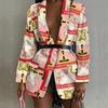 Women Fashion Long Sleeve Print Color Coat Open Front  Suit Jacket