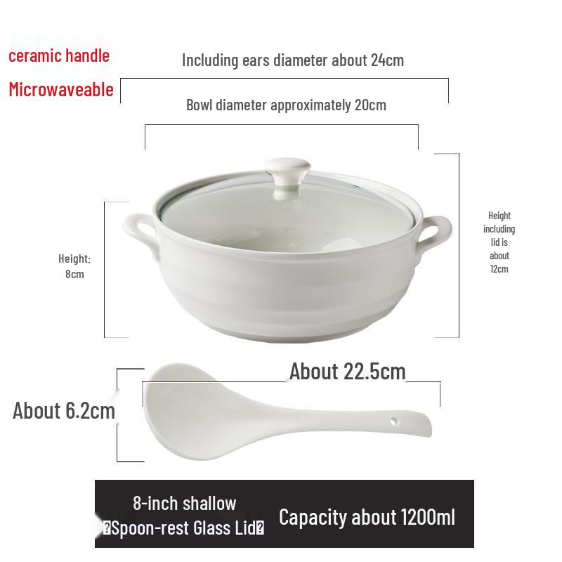 Double Ear Ceramic Soup Bowl Set with Lid - Microwave Safe, Includes Large Spoon and Tureen, Pure White, Creative Design (8 Bowls)