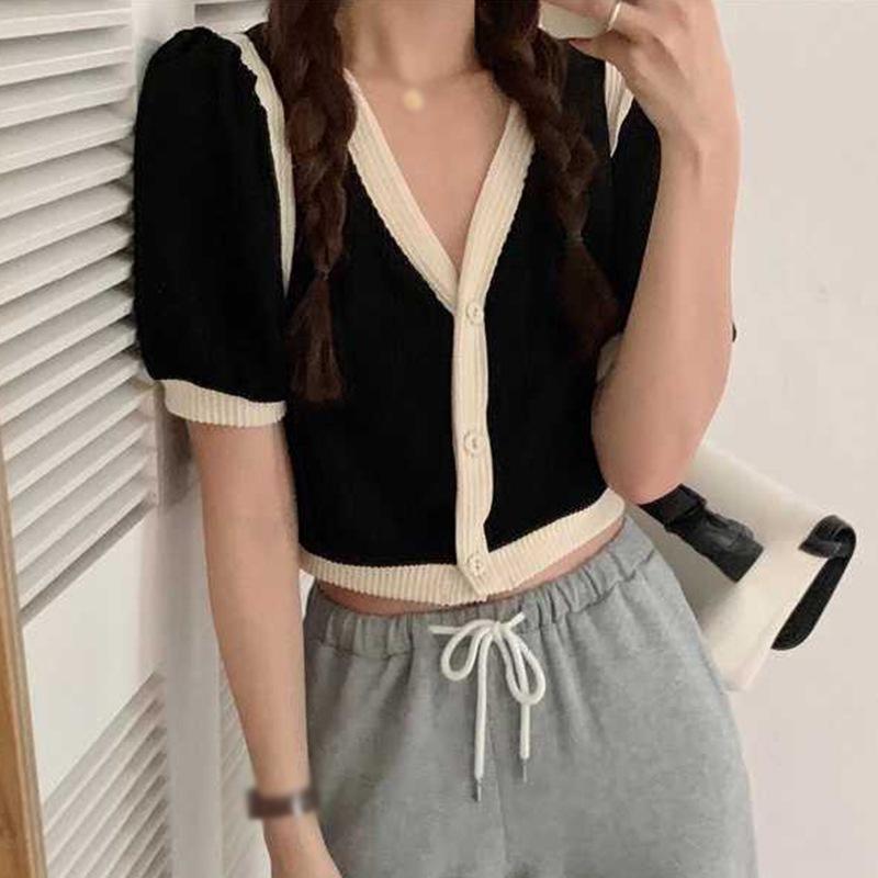 

Женские трикотажные футболки с v-образным вырезом и короткими рукавами-пузырьками, летние топы, летние