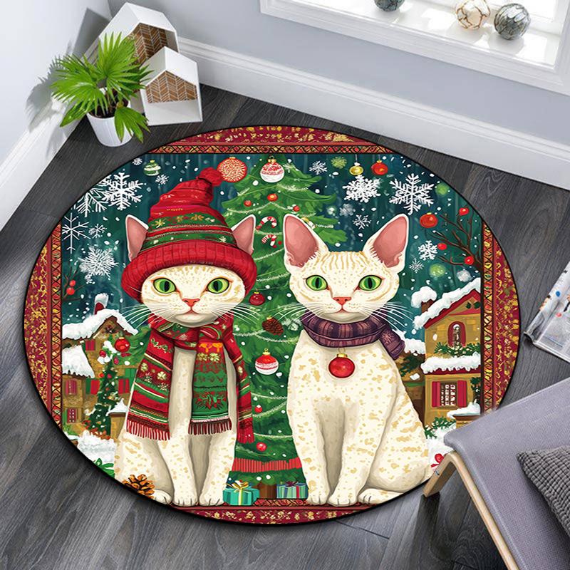 Christmas Cat Pattern Round rug,Carpet Rug for Living Room Bedroom Playroom ,Non-slip Floor Mat,Holiday Gifts and Birthday Gifts.