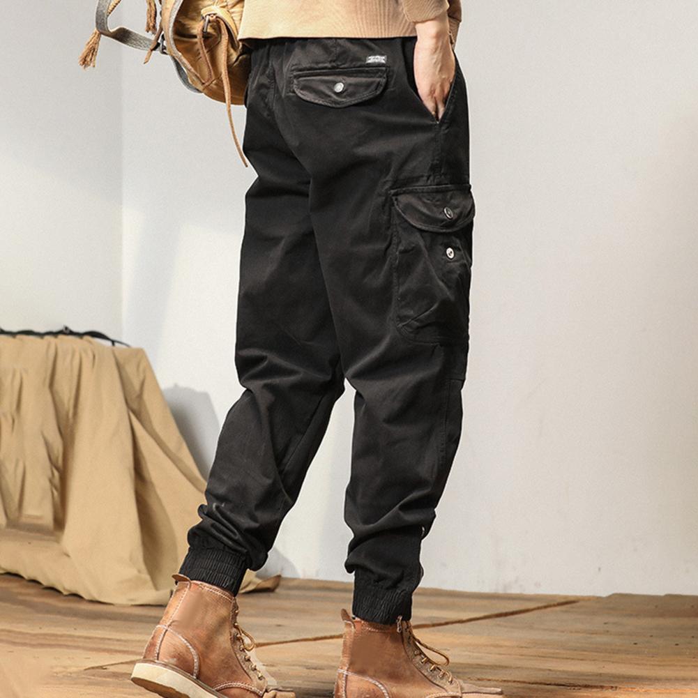 Men Cargo Pants Drawstring Elastic Waist Single Color Muti Pockets Comfortable Fit Ankle-banded Sport Trousers Streetwear Daily Wear Everyday