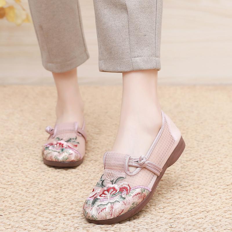 Old Beijing Cloth Shoes Women's Mesh Shoes Summer Mesh One-pedal Flat-soled Mother Shoes Mesh Yarn Breathable Ethnic Style Embroidered Shoes