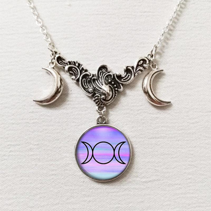 Triple Moon Silver Necklace with Full Moon and Crescent Pendant