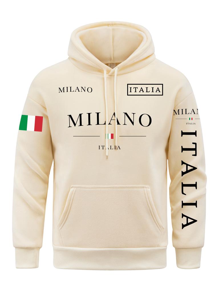 New Autumn and Winter Italian Flag Milan City Print Men's Pure Cotton Hoodie Casual Simple Large Size Street Jumper Sweatshirt
