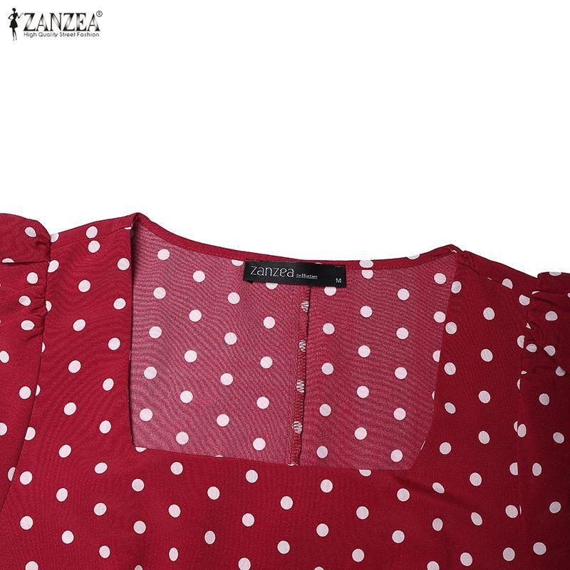 ZANZEA Women Square Collar Casual Short Sleeve Elegant Polka Dot Dress