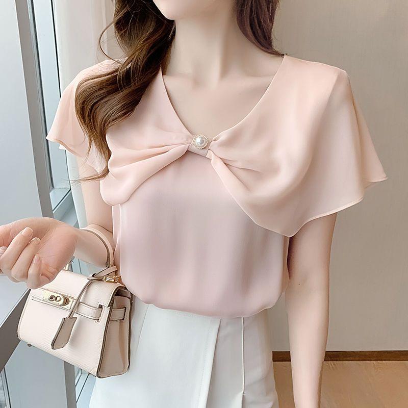 WTEMPO Short-sleeved Chiffon Shirt Women Summer Dress Bow Shows Thin Korean Fashion Thin Top Solid Color Y2k Top