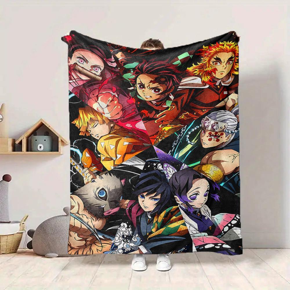 1pc Demon Slayer Flannel Throw Blanket HD Printed Lightweight Soft Warm All Season Blanket for Sofa, Bed, Travel, Camping Machine Washable