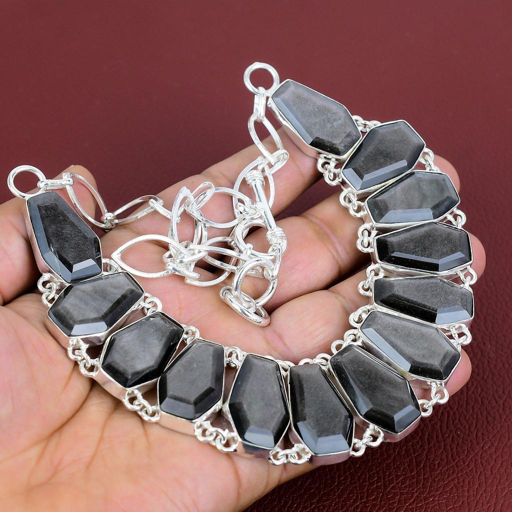 Faceted Silver Sheen Obsidian Necklace 925 Sterling Silver Necklace Adjustable Chain Necklace Handmade Jewelry Gemstone Necklace for Gifts
