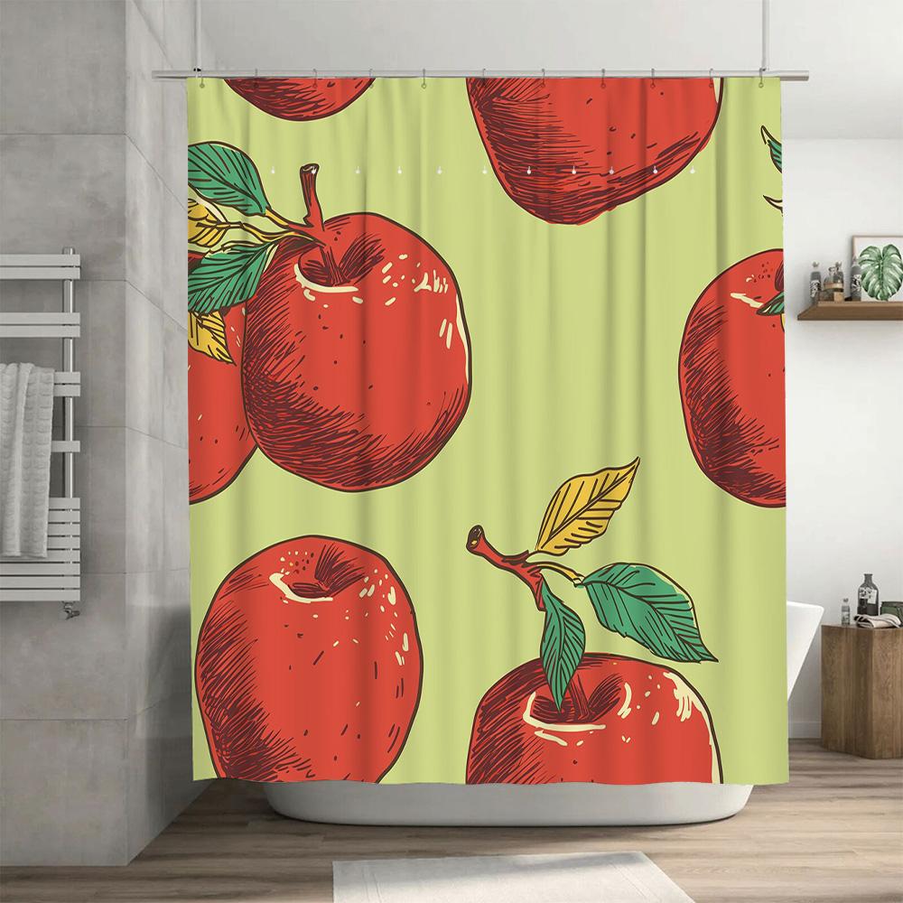 Vibrant Red Apple Print Shower Curtain For Bathroom Decoration Modern Design Home Decor With Green Leaves On Pastel Background S