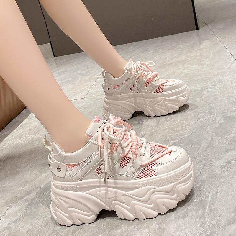 Fashion 2024 Summer Breathable Mesh Sneakers 8CM Hidden Heels Spring High Platform Sports Dad Shoes Woman Wedges Casual Chunky Sneakers