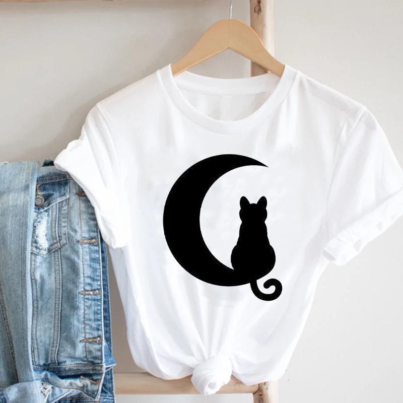 

Fashion Kawaii Animal Cat Graphic Print Ladies T-Shirt 90S Summer Loose Blouse Short Sleeve Round Neck Female Y2K Tops S білий