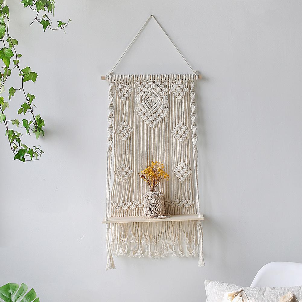 Handwoven Cotton Rope Wall Hanging - Bohemian Plant Shelf with Wood Board, Natural Fiber Decor for Living Room & Bedroom