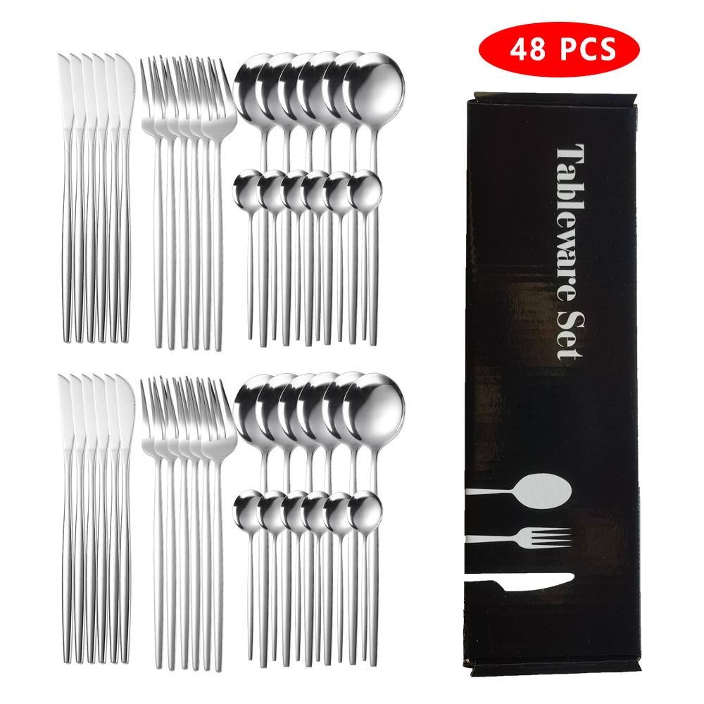 

Набор столовых приборов из нержавеющей стали 48 предметов, черная золотая столовая посуда, ложка, вилка, нож, столовое серебро, набор столовых приборов, принадлежности серебряный