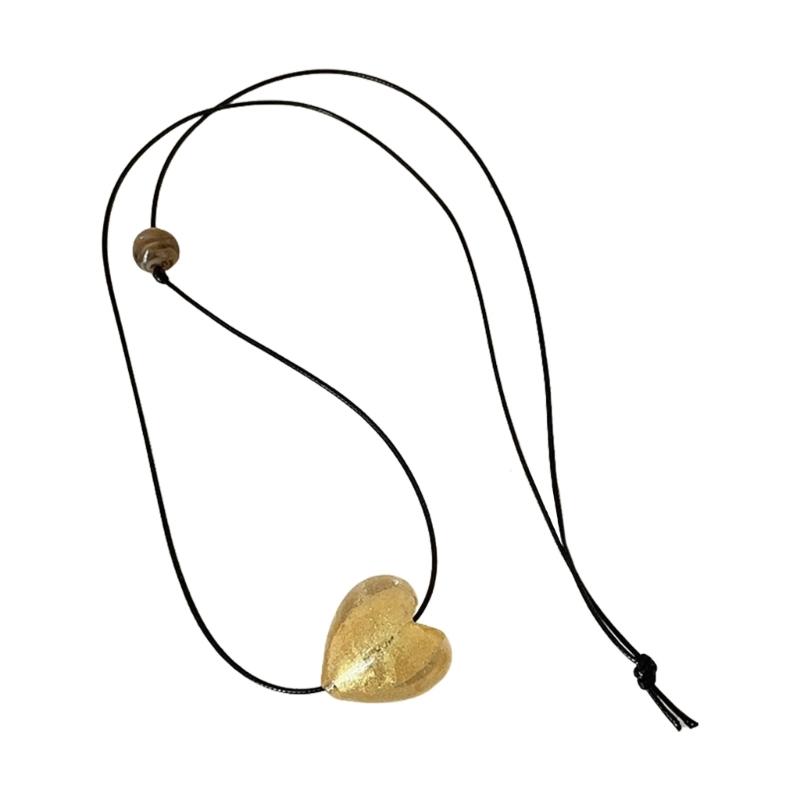 

Желтая стеклянная подвеска в форме сердца Длинное ожерелье Черный шнурок из ПУ кожи Цепочка на шею Регулируемая длина Чокер Ювелирные изделия для женщин 1
