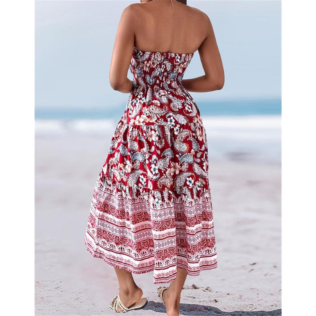 Sommer Neu Böhmischer Urlaubsstil Mehrfarbiger Druck Süßes Bustierkleid Große Schwingkleider für Frauen