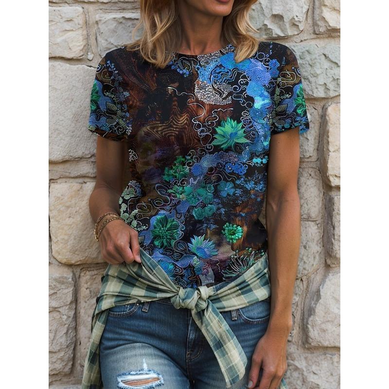Dam T-shirt Blommigt Grafiskt Växter Bohemia Vintage Snygg Kortärmad Rundhalsad Rundhalsad Vanliga Toppar Vardag Utgång