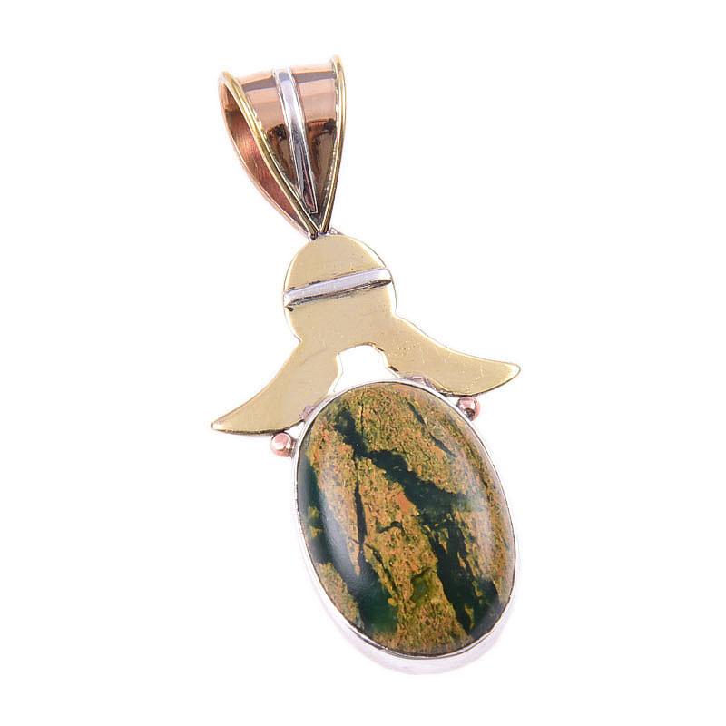 Natural Rhyolite Gemstone 925 Solid Sterling Silver Two Tone Pendant 1.50" N4w01