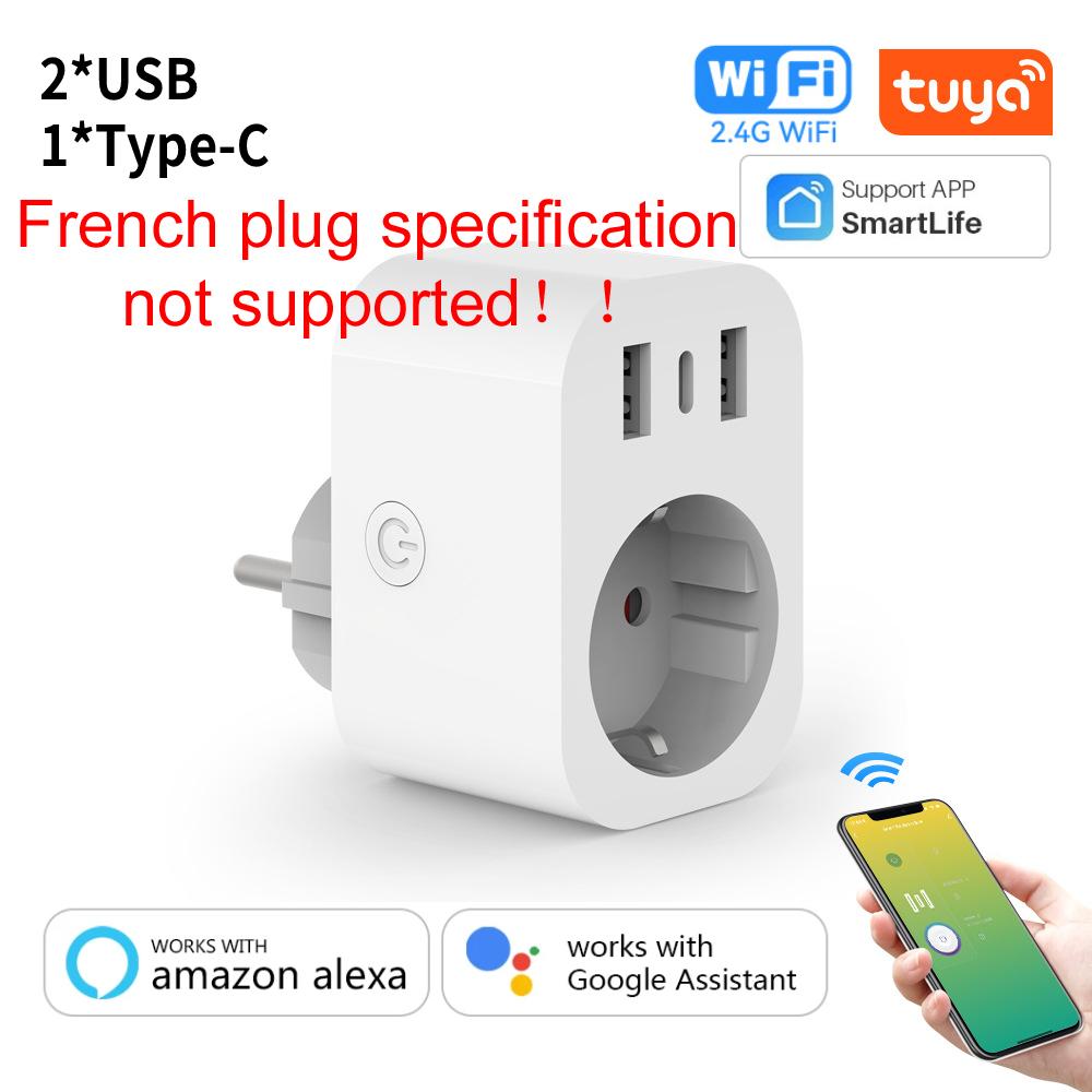 Tuya Wifi Smart Socket 16A EU Plug with Type C Charger Port Smart Home Appliance Socket Extension Adapter Work with Alexa Google
