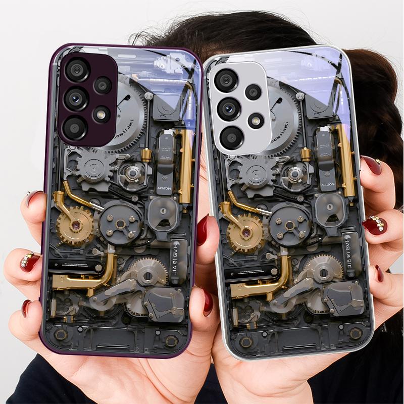 Old Style Gear Gold Gray For Samsung Galaxy S24 Plus S20 21 FE S23 Ultra S8 9 A70 72 73 50 51 52 53 Tempered Glass Phone Case